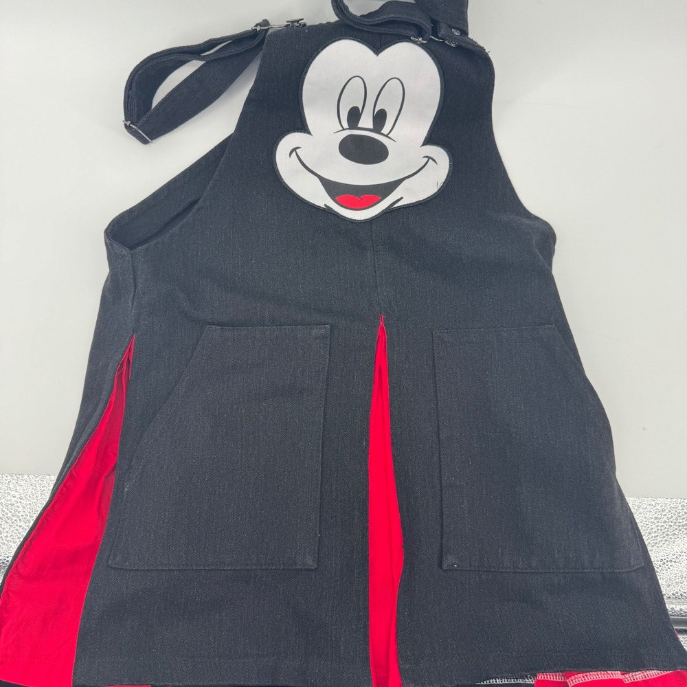 Disney Mickey Mouse Black Denim‎ Pinafore Dress Red Contrast Kids Small